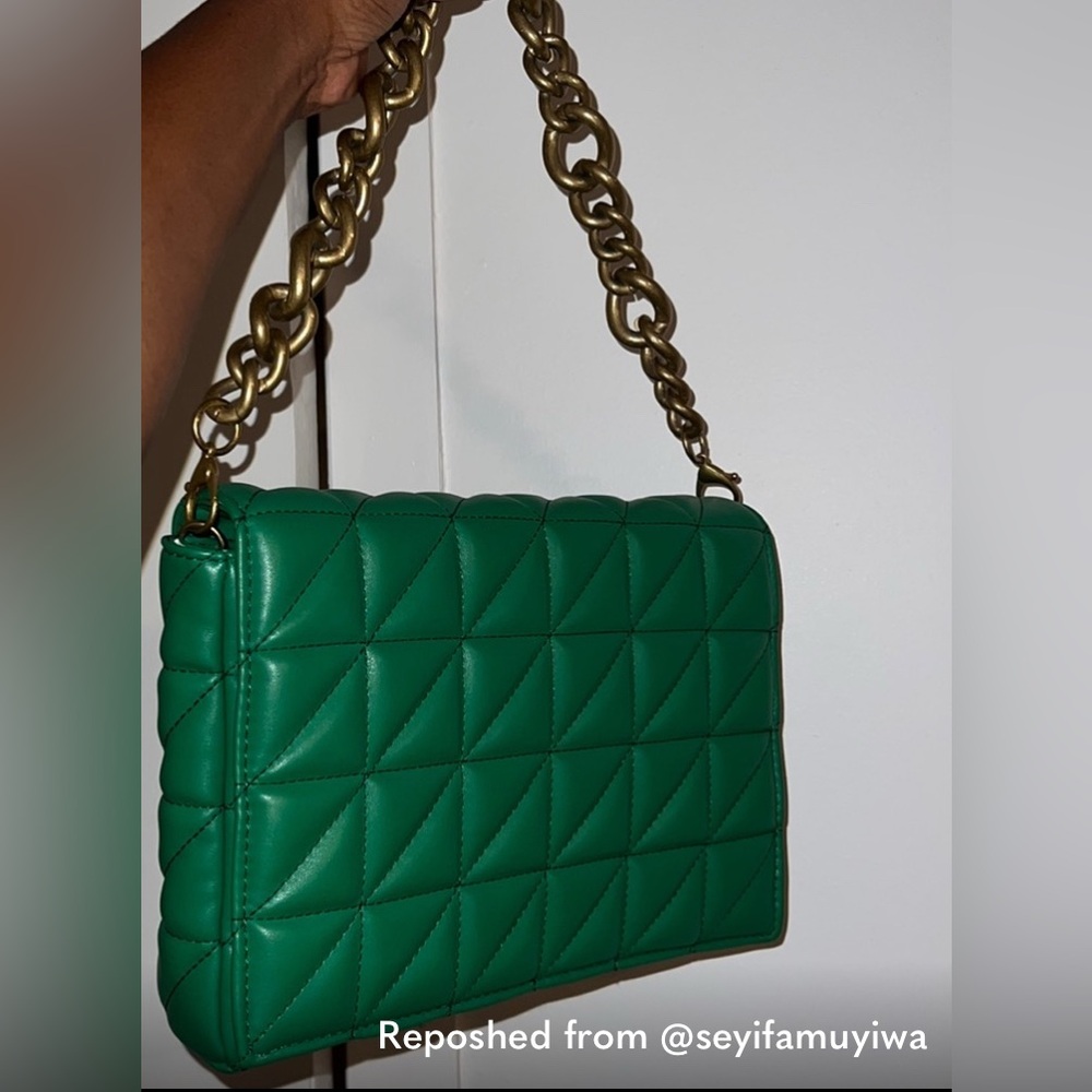 Zara Green Quilted Shoulder Bag with Gold Chain
